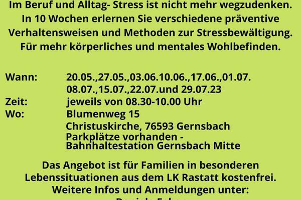 Stressbewältigung im Alltag- gefördert vom Landesprogramm STÄRKE für alle Eltern aus dem LK Rastatt