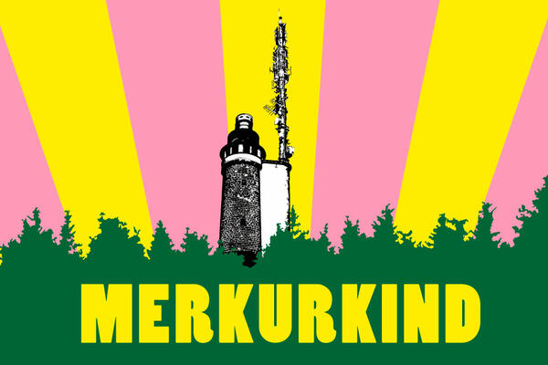 Grafik des Merkur Funkturms mit gelb-rosa-gestreiftem Hintergrund